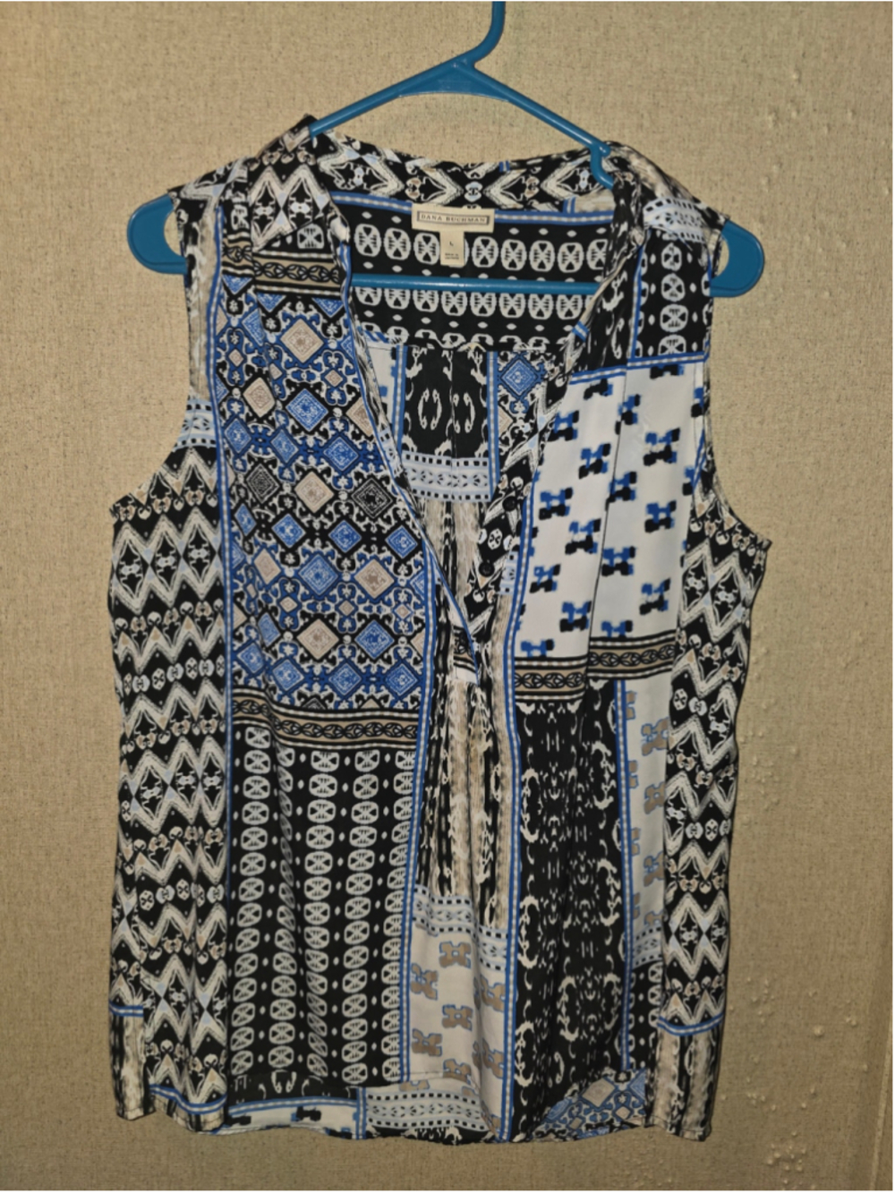Women's Dana Buchman Sleeveless Blouse Size L Black Blue Patterned boho-chic